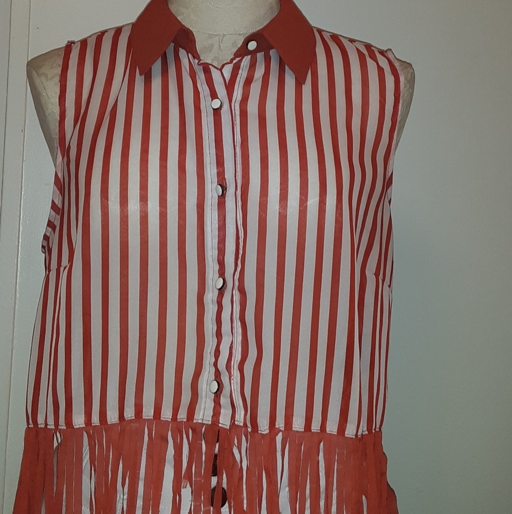 Derotchild Coral and White Striped Fringe Shirt